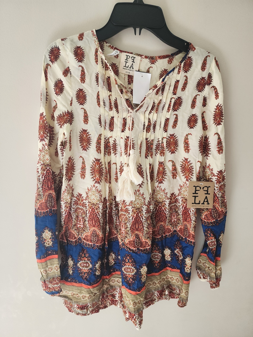 PPLA Girls' Ivory and Blue Printed Boho Tunic Dress